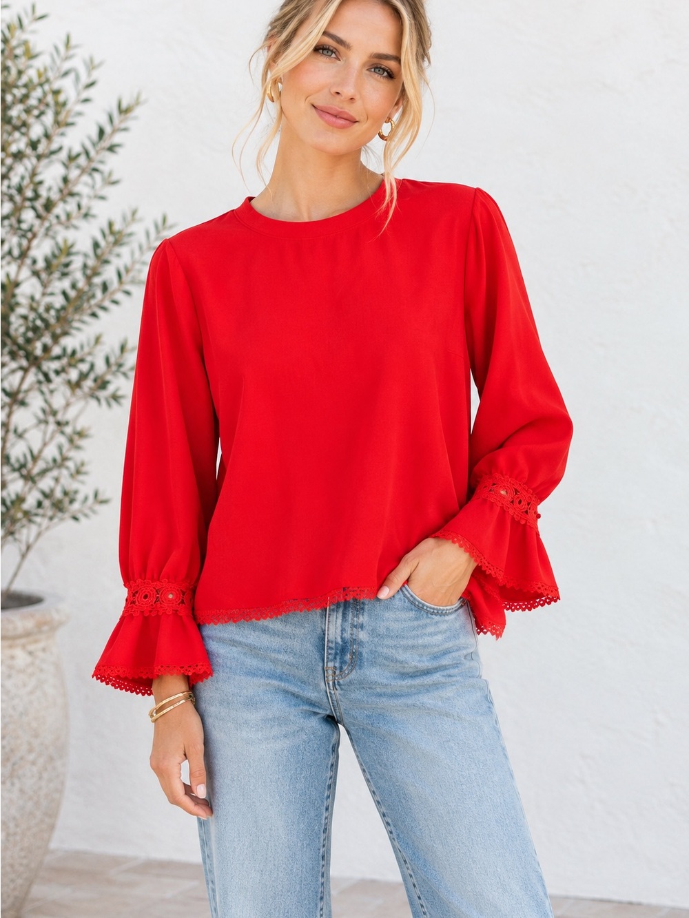 Pomander Place Red Bell Sleeve Blouse Large – Lace Trim Detail